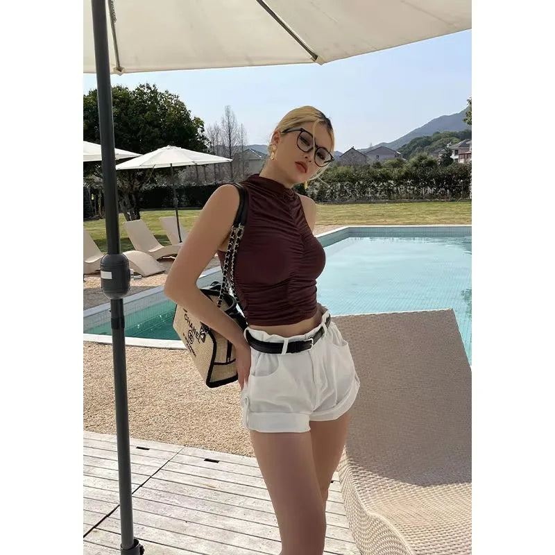 Hot Girl Sexy Sleeveless Tank Top Women's O-neck Slim Fit Short Top